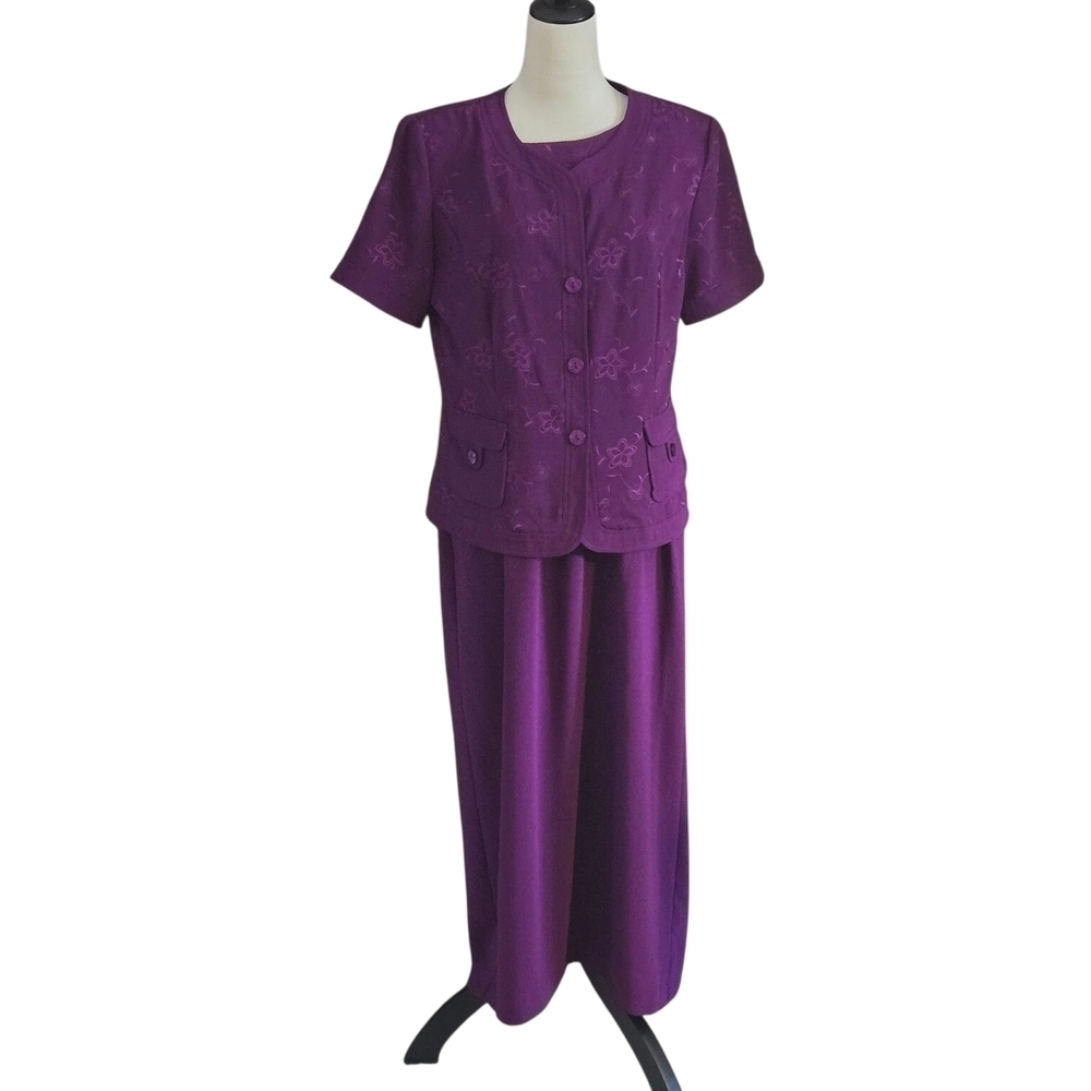 Vintage Sag Harbor 2 Pc Purple Women's 12 Maxi Dress Embroidered Floral Jacket